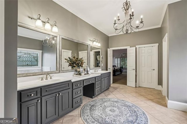 3665 Pennington Rd, Cumming, GA 30041 - full bath featuring a chandelier, ornamental molding, double vanity, and tile patterned flooring