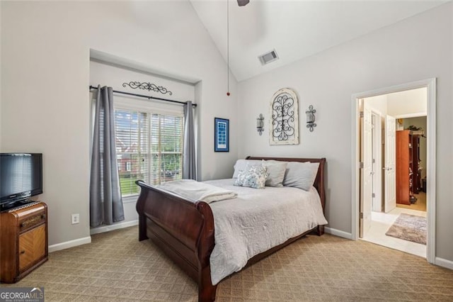 3665 Pennington Rd, Cumming, GA 30041 - bedroom with baseboards, carpet floors, high vaulted ceiling, and a ceiling fan