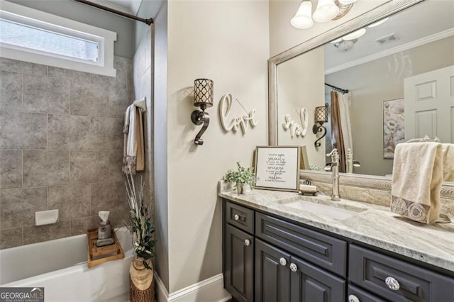 3665 Pennington Rd, Cumming, GA 30041 - bathroom with vanity, shower / tub combo with curtain, and crown molding