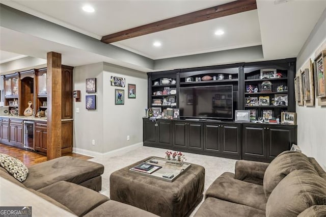 3665 Pennington Rd, Cumming, GA 30041 - living room with wine cooler, a bar, recessed lighting, beam ceiling, and baseboards