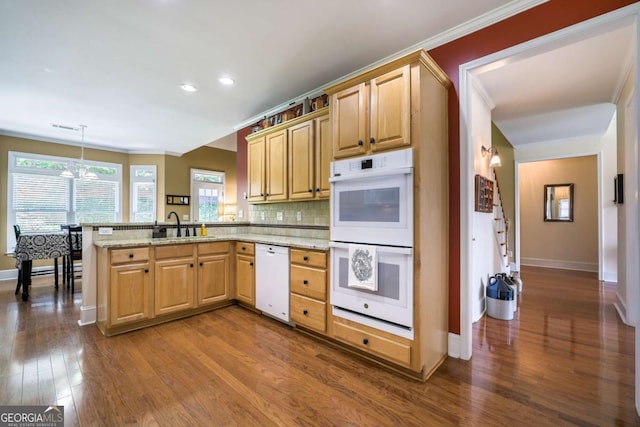 1997 Shaker Falls Ln, Lawrenceville, GA 30045 - kitchen with white appliances, a peninsula, baseboards, dark wood-style floors, and recessed lighting