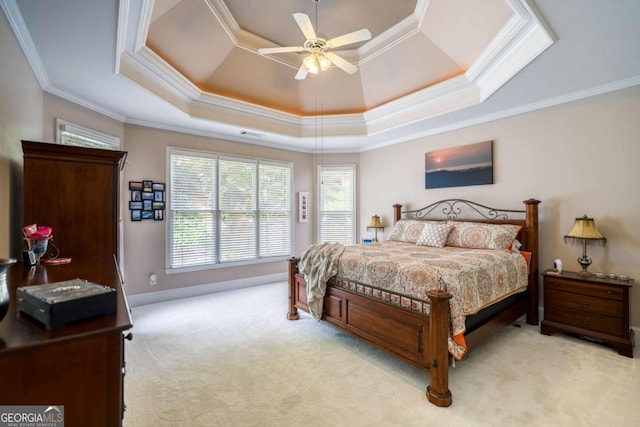 1997 Shaker Falls Ln, Lawrenceville, GA 30045 - bedroom with carpet floors, ornamental molding, a tray ceiling, baseboards, and ceiling fan