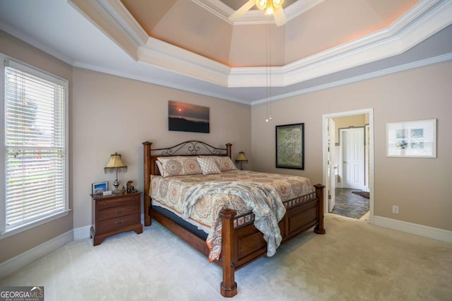 1997 Shaker Falls Ln, Lawrenceville, GA 30045 - bedroom featuring crown molding, light colored carpet, a tray ceiling, a ceiling fan, and baseboards