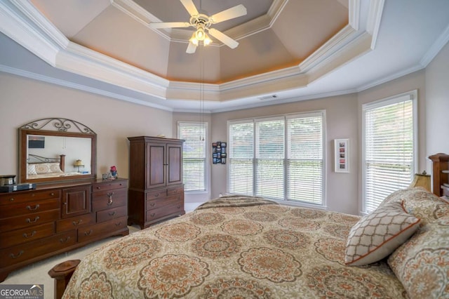 1997 Shaker Falls Ln, Lawrenceville, GA 30045 - bedroom featuring crown molding, a tray ceiling, and ceiling fan