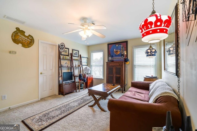 1997 Shaker Falls Ln, Lawrenceville, GA 30045 - carpeted living room featuring a ceiling fan and baseboards