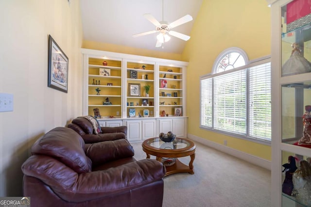 1997 Shaker Falls Ln, Lawrenceville, GA 30045 - sitting room with carpet, ceiling fan, baseboards, and high vaulted ceiling
