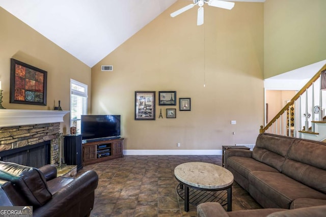 1997 Shaker Falls Ln, Lawrenceville, GA 30045 - living area with high vaulted ceiling, a ceiling fan, baseboards, stairs, and a fireplace