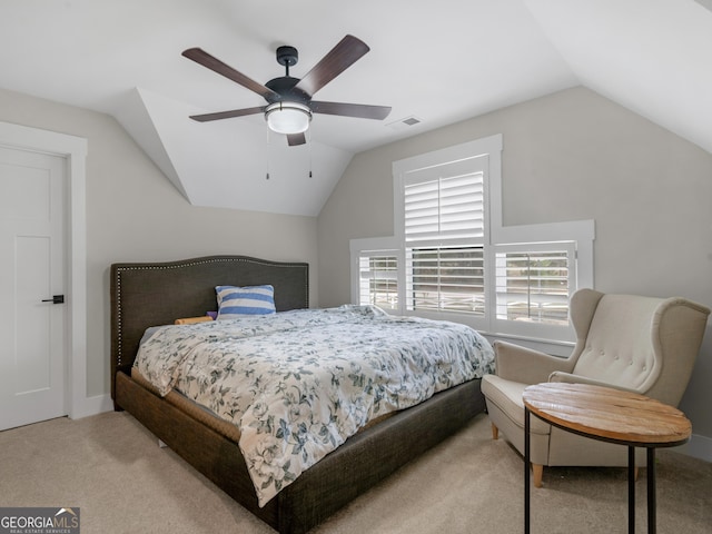 319 S Mount Carmel Rd, Mcdonough, GA 30253 - bedroom featuring carpet flooring, lofted ceiling, multiple windows, and ceiling fan
