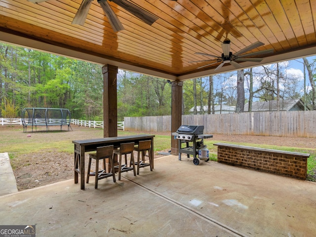 319 S Mount Carmel Rd, Mcdonough, GA 30253 - view of patio with ceiling fan, grilling area, and a trampoline