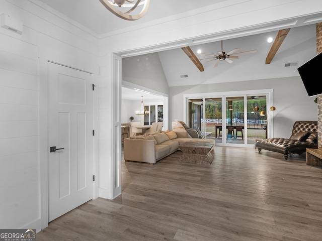 319 S Mount Carmel Rd, Mcdonough, GA 30253 - living room featuring a ceiling fan, wood finished floors, high vaulted ceiling, a chandelier, and beam ceiling