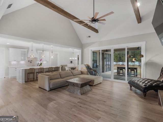 319 S Mount Carmel Rd, Mcdonough, GA 30253 - living area with high vaulted ceiling, ceiling fan, light wood finished floors, beam ceiling, and a chandelier