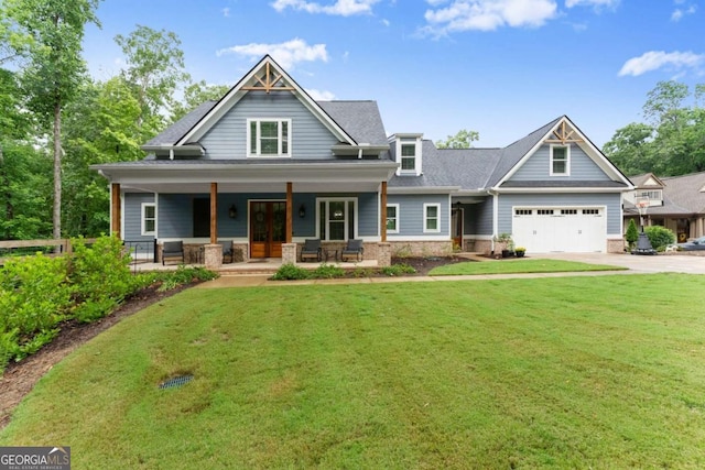 4847 Destitute Way, Gainesville, GA 30506 - craftsman-style house with driveway, a front yard, a porch, french doors, and roof with shingles