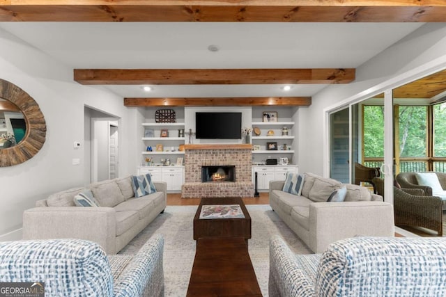 4847 Destitute Way, Gainesville, GA 30506 - living area with beam ceiling, a fireplace, light wood-style floors, and baseboards
