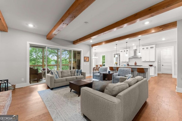 4847 Destitute Way, Gainesville, GA 30506 - living room with baseboards, beamed ceiling, light wood-style floors, and recessed lighting