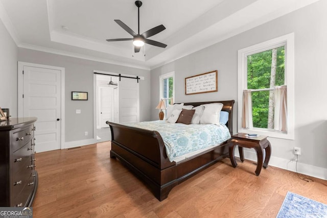 4847 Destitute Way, Gainesville, GA 30506 - bedroom with a raised ceiling, a barn door, multiple windows, light wood-type flooring, and ornamental molding