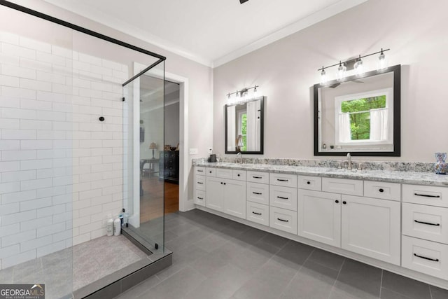 4847 Destitute Way, Gainesville, GA 30506 - full bath featuring a walk in shower, double vanity, tile patterned floors, and crown molding