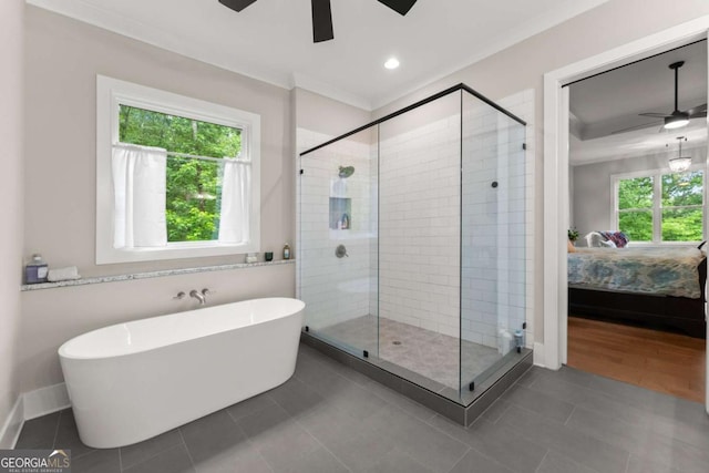 4847 Destitute Way, Gainesville, GA 30506 - bathroom with ceiling fan, connected bathroom, a freestanding tub, a shower stall, and crown molding