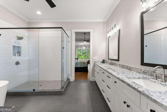 4847 Destitute Way, Gainesville, GA 30506 - full bath featuring ceiling fan, double vanity, a shower stall, crown molding, and tile patterned floors