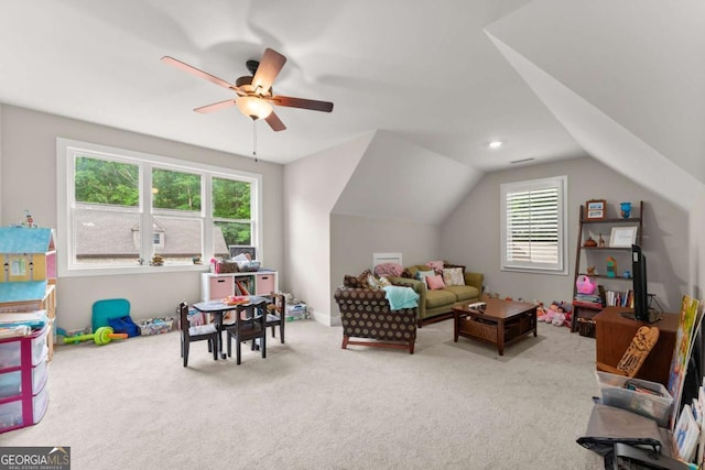 4847 Destitute Way, Gainesville, GA 30506 - game room with ceiling fan, carpet floors, and lofted ceiling