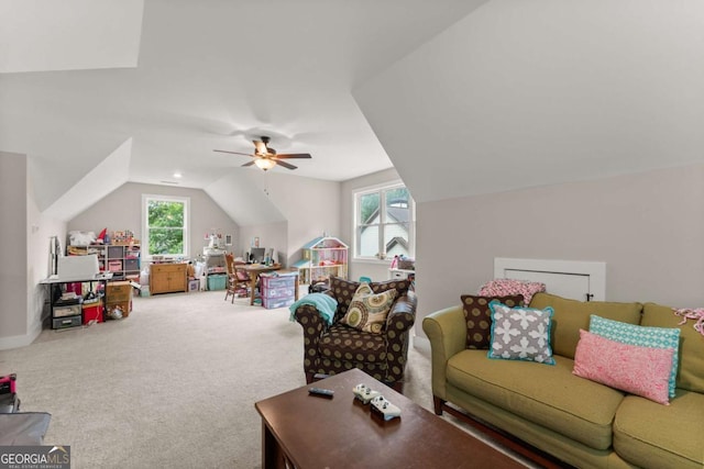 4847 Destitute Way, Gainesville, GA 30506 - living area featuring lofted ceiling, plenty of natural light, carpet flooring, and a ceiling fan