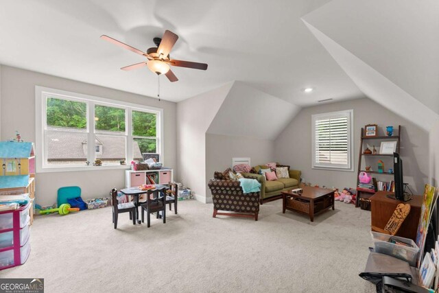 4847 Destitute Way, Gainesville, GA 30506 - living room with lofted ceiling, plenty of natural light, carpet floors, and a ceiling fan