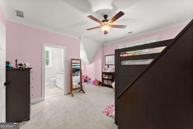 4847 Destitute Way, Gainesville, GA 30506 - bedroom with light carpet, ensuite bath, ornamental molding, baseboards, and ceiling fan