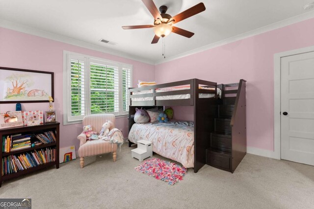 4847 Destitute Way, Gainesville, GA 30506 - bedroom with light carpet, ensuite bath, crown molding, and ceiling fan