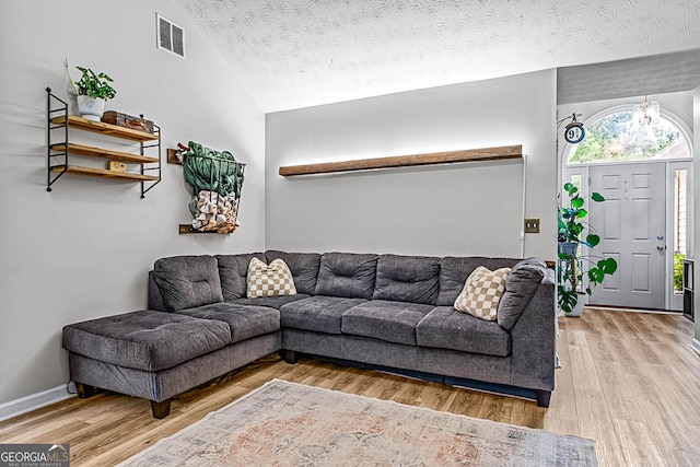 161 Mills Dr, Covington, GA 30016 - living area featuring vaulted ceiling, wood finished floors, and a textured ceiling