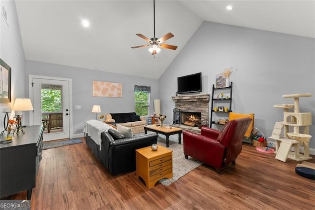 15 Baker St, Dahlonega, GA 30533 - living room with high vaulted ceiling, a ceiling fan, wood finished floors, a fireplace, and recessed lighting