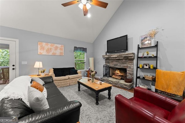 15 Baker St, Dahlonega, GA 30533 - living area featuring ceiling fan, high vaulted ceiling, and a stone fireplace