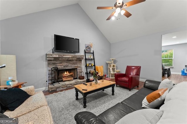 15 Baker St, Dahlonega, GA 30533 - living area featuring ceiling fan, wood finished floors, a fireplace, high vaulted ceiling, and recessed lighting