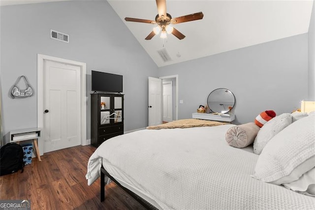 15 Baker St, Dahlonega, GA 30533 - bedroom featuring high vaulted ceiling, wood finished floors, and ceiling fan