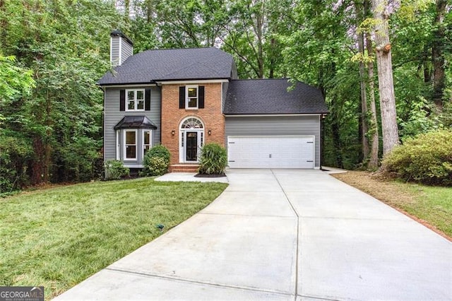 4806 Deer Chase, Powder Springs, GA 30127 - colonial-style house with concrete driveway, a chimney, an attached garage, a front lawn, and brick siding