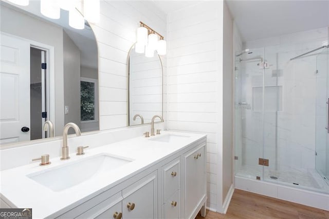 4806 Deer Chase, Powder Springs, GA 30127 - full bathroom featuring a shower stall, double vanity, and wood finished floors