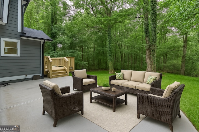4806 Deer Chase, Powder Springs, GA 30127 - view of patio / terrace with outdoor lounge area, a wooden deck, and a forest view