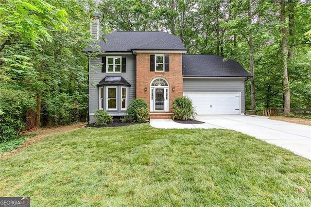 4806 Deer Chase, Powder Springs, GA 30127 - colonial home featuring driveway, a garage, a front lawn, brick siding, and a chimney