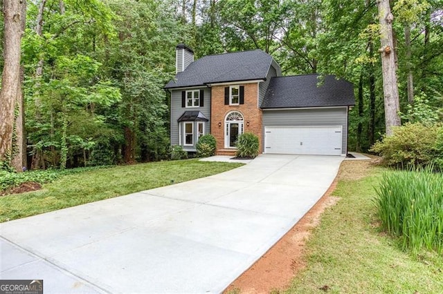 4806 Deer Chase, Powder Springs, GA 30127 - colonial home with concrete driveway, a chimney, a garage, brick siding, and a front lawn