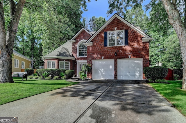 2633 Hanriva Ct, Dacula, GA 30019 - traditional-style home featuring brick siding, a front yard, driveway, and an attached garage