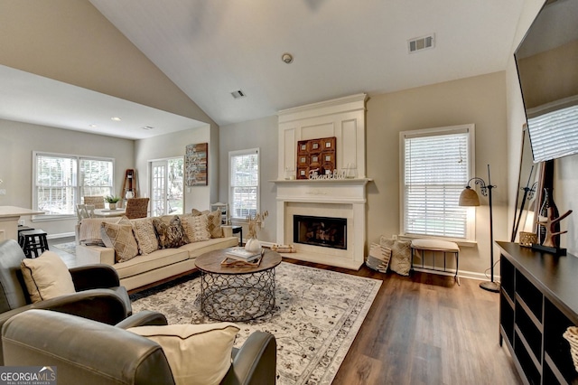 2633 Hanriva Ct, Dacula, GA 30019 - living room with wood finished floors, a fireplace, vaulted ceiling, and baseboards