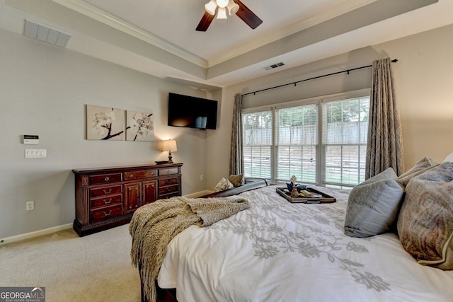 2633 Hanriva Ct, Dacula, GA 30019 - bedroom featuring ornamental molding, light carpet, baseboards, and ceiling fan