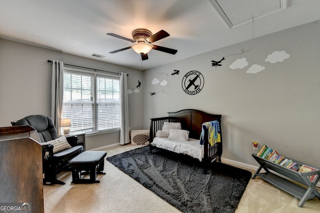 2633 Hanriva Ct, Dacula, GA 30019 - carpeted bedroom featuring attic access, baseboards, and a ceiling fan