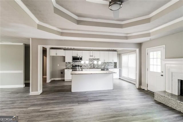 4820 Camden Dr SW, Conyers, GA 30094 - kitchen with a raised ceiling, appliances with stainless steel finishes, white cabinets, a kitchen island, and backsplash