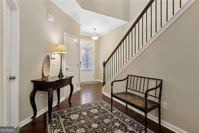 6160 Shiloh Woods Dr, Cumming, GA 30040 - entryway with stairs, wood finished floors, and baseboards
