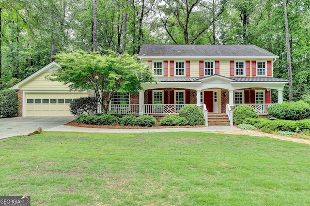 5507 Martina Way, Dunwoody, GA 30338 - colonial house featuring driveway, covered porch, a garage, and brick siding