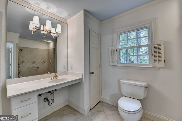 5507 Martina Way, Dunwoody, GA 30338 - bathroom with ornamental molding, a chandelier, tile patterned flooring, a tile shower, and a closet