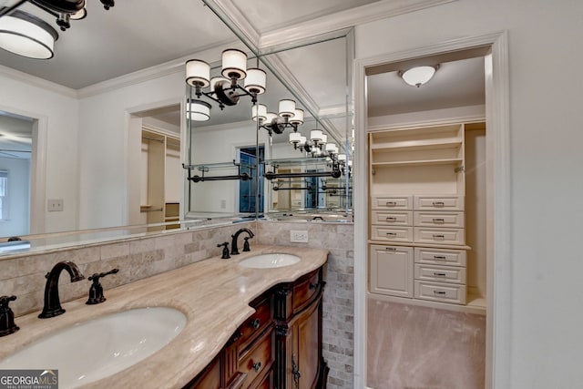 5507 Martina Way, Dunwoody, GA 30338 - bathroom with double vanity, crown molding, and tasteful backsplash