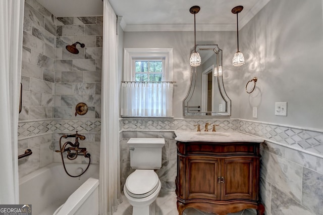 5507 Martina Way, Dunwoody, GA 30338 - bathroom featuring tile walls, vanity, ornamental molding, shower / bath combo with shower curtain, and toilet