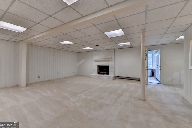 5507 Martina Way, Dunwoody, GA 30338 - unfurnished living room featuring a baseboard radiator, carpet floors, a drop ceiling, and a fireplace
