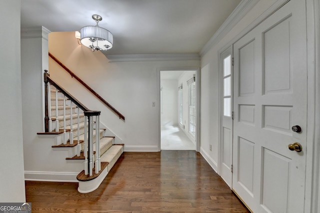 5507 Martina Way, Dunwoody, GA 30338 - entryway featuring crown molding, wood finished floors, and stairs