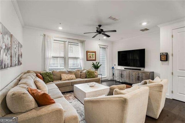 6635 Beacon Dr, Atlanta, GA 30328 - living area with ornamental molding, a ceiling fan, recessed lighting, and dark wood-style floors